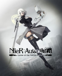 Rule 34 | 1girl, absurdres, black blindfold, black dress, blindfold, boots, breasts, cityscape, cleavage cutout, clothing cutout, dress, gloves, grey sky, high heels, highres, jhigf, katana, large breasts, leotard, limited palette, midair, mole, mole under mouth, muted color, nier:automata, nier (series), no blindfold, pod (nier:automata), puffy sleeves, robot, short hair, sky, solo, sword, thick thighs, thigh boots, thighhighs, thighhighs under boots, thighs, weapon, white hair, white leotard, 2b (nier:automata)