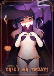 Rule 34 | 1girl, cape, closed mouth, cowboy shot, groin, halloween, halloween costume, hat, highres, kantai collection, long hair, mole, mole under eye, navel, purple eyes, purple hair, shaded face, smile, solo, trick or treat, tsushima (kancolle), twitter username, unidentified nk, witch hat