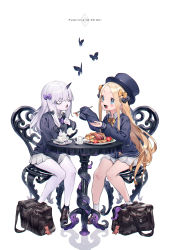 Rule 34 | 2girls, :d, abigail williams (fate), alternate costume, animal, bacon, bag, bag charm, bags under eyes, between legs, black bow, black cardigan, black headwear, black legwear, blonde hair, blue eyes, blush, bow, bug, bukurote, butterfly, cardigan, chair, charm (object), collared shirt, commentary request, copyright name, cup, fate/grand order, fate (series), feeding, food, forehead, hair bow, hand between legs, hat, highres, holding, holding food, horns, insect, lavinia whateley (fate), long hair, long sleeves, looking at another, multiple girls, on chair, open mouth, orange bow, pancake, parted bangs, pink eyes, plate, pleated skirt, polka dot, polka dot bow, purple bow, reflection, ribbed legwear, saucer, school bag, school uniform, shirt, silver hair, sitting, skirt, sleeves past fingers, sleeves past wrists, smile, socks, spoon, steam, stuffed animal, stuffed toy, suction cups, table, teacup, teddy bear, tentacles, very long hair, white background, white legwear, white shirt, white skirt, wide-eyed