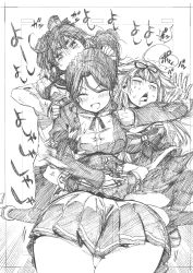 Rule 34 | 4girls, absurdres, anger vein, aquila (kancolle), asphyxiation, ass, biting, blank stare, blush, braid, breasts, closed eyes, commentary request, fingerless gloves, gloves, grabbing, grabbing another&#039;s breast, greyscale, hair flaps, hair ornament, hair ribbon, hairclip, hand on another&#039;s back, head biting, highres, hug, kantai collection, kojima takeshi, large breasts, long hair, long sleeves, looking at another, medium breasts, monochrome, multicolored hair, multiple girls, open mouth, pleated skirt, ribbon, school uniform, shigure (kancolle), short hair, single braid, sketch, skirt, strangling, tokitsukaze (kancolle), tongue, tongue out, traditional media, two-tone hair, two side up, waist hug, wavy hair, yuudachi (kancolle)