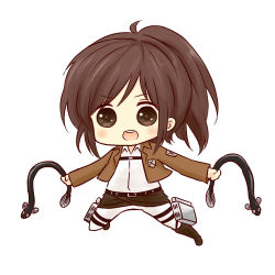 Rule 34 | 1girl, :d, batta (ijigen debris), belt, blush, boots, brown footwear, brown hair, brown jacket, chibi, collared shirt, commentary request, eel, full body, jacket, jumping, long sleeves, looking at viewer, open mouth, pants, ponytail, round teeth, sasha blouse, shingeki no kyojin, shirt, simple background, smile, solo, teeth, three-dimensional maneuver gear, v-shaped eyebrows, white background, white pants, white shirt