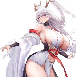 Rule 34 | 1girl, azur lane, blush, breasts, curvy, detached sleeves, highres, horns, huge breasts, japanese clothes, long hair, looking to the side, red eyes, shimanto (azur lane), sideboob, solo, thighs, white background, white hair, yuuki shuri