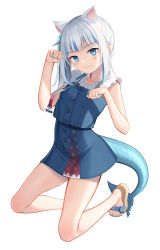 Rule 34 | 1girl, absurdres, animal ears, bare arms, blue dress, blue eyes, blue hair, blue nails, blush, brown footwear, cat ears, closed mouth, cube hair ornament, dress, fins, fish tail, full body, gawr gura, gawr gura (casual), hair ornament, hand up, hands up, highres, hololive, hololive english, kep (ahokep), kneeling, long hair, looking at viewer, multicolored hair, nail polish, official alternate costume, paw pose, sandals, shark tail, shirt, side ponytail, silver hair, simple background, sleeveless, sleeveless dress, smile, solo, streaked hair, tail, toenail polish, toenails, virtual youtuber, white background, white shirt