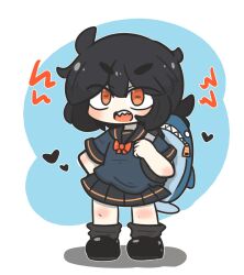 Rule 34 | 1girl, animal bag, backpack, bag, black footwear, black hair, black sailor collar, black skirt, blue background, blue shirt, bow, chibi, commentary request, full body, grey socks, hair between eyes, heart, highres, looking at viewer, loose socks, open mouth, orange eyes, original, pleated skirt, red bow, sailor collar, shadow, sharp teeth, shirt, shoes, short sleeves, skirt, socks, solo, standing, teeth, thick eyebrows, two-tone background, uni souchou, v-shaped eyebrows, white background
