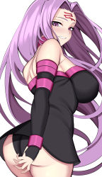 Rule 34 | 1girl, absurdres, ass, bare shoulders, black dress, black panties, breasts, cowboy shot, detached sleeves, dress, facial mark, fate/stay night, fate (series), female focus, forehead mark, hair intakes, highres, huge breasts, imuzi, long hair, long sleeves, matching hair/eyes, medusa (fate), medusa (rider) (fate), microdress, panties, purple eyes, purple hair, short dress, simple background, solo, strapless, strapless dress, underwear, very long hair, white background
