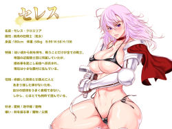 Rule 34 | 1girl, armor, ass, bikini, blush, breasts, buster sword, cape, celes cloelia, character profile, choker, cleavage, female focus, koukou no berserk, kurofudo, large breasts, lips, long hair, looking at viewer, muscular, muscular female, pink hair, purple eyes, shiny skin, side-tie bikini bottom, skindentation, swimsuit, sword, thick lips, thick thighs, thighs, thong, translated, weapon, wide hips