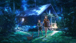 Rule 34 | 2girls, age difference, ahoge, animal ears, arsenixc, artist name, bare legs, bike shorts, black cat, blue eyes, blue theme, blush, brown hair, bug, butterfly, cat, cat ears, cat tail, collaboration, flashlight, flat chest, flip-flops, forest, grass, holding hands, highres, house, bug, lantern, lights, long hair, midriff, multiple girls, nature, night, open mouth, original, pumpkin pants, sandals, scenery, shadow, shirt, short hair, shorts, smile, sparkle, t-shirt, tail, towel, towel around neck, tree, tree shade, vvcephei, walking, wet, wet hair