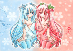 Rule 34 | 2girls, bad id, bad pixiv id, blue eyes, blue hair, blue thighhighs, boots, breasts, character name, cherry, colored pencil (medium), dannashitoyome, detached sleeves, dual persona, earmuffs, food, fruit, hatsune miku, holding hands, kneeling, long hair, marker (medium), mirror opposites, multiple girls, nipples, nude, pastel (medium), petals, pink footwear, polar opposites, pussy, red eyes, red hair, sakura miku, small breasts, snowflakes, symmetry, thigh boots, thighhighs, traditional media, uncensored, very long hair, vocaloid, yuki miku