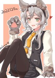 Rule 34 | 1girl, absurdres, alternate sleeve length, animal ears, animal hands, asymmetrical hair, black pantyhose, black skirt, black vest, collared shirt, commentary request, dated, dress shirt, feet out of frame, flipped hair, gloves, grey eyes, grey hair, highres, kantai collection, long hair, long sleeves, necktie, nowaki (kancolle), official alternate costume, one-hour drawing challenge, pantyhose, paw gloves, pleated skirt, shiomugi (shio mugi1107), shirt, skirt, solo, vest, white shirt, wolf ears, yellow necktie