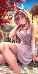 Rule 34 | 1girl, :d, absurdres, ahoge, animal ears, autumn, bare arms, bare shoulders, blue eyes, blurry, blurry background, blush, breasts, brown hair, cleavage, collarbone, day, depth of field, grey hairband, grin, hair ornament, hairband, hand on own cheek, hand on own face, head tilt, highres, horse ears, horse girl, horse tail, long hair, medium breasts, mihono bourbon (umamusume), naked towel, onsen, open mouth, outdoors, rairaisuruyo, smile, soaking feet, solo, steam, tail, towel, umamusume, very long hair, water, wet