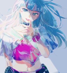 Rule 34 | 1girl, absurdres, blue eyes, blue hair, bracelet, copyright name, hand up, highres, jewelry, lipstick, listeners, long hair, looking at viewer, makeup, midriff, mu (listeners), nail polish, navel, smile, solo, standing, star (symbol), very long hair