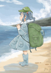 Rule 34 | 1girl, backpack, bag, blue eyes, blue footwear, blue hair, blue sky, boots, chii-kun (seedyoulater), cloud, cloudy sky, day, from side, full body, green hat, hair bobbles, hair ornament, hat, highres, horizon, kawashiro nitori, long sleeves, outdoors, pocket, profile, rubber boots, short hair, signature, skirt, skirt set, sky, solo, touhou, two side up, water