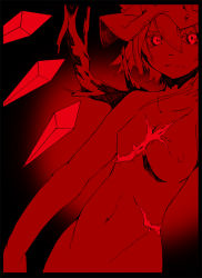 Rule 34 | 1girl, anba saa, border, breasts, crystal, female focus, flandre scarlet, groin, hat, monochrome, nakamakikun, navel, nipples, nude, red eyes, red theme, scar, short hair, small breasts, solo, embodiment of scarlet devil, touhou, wings