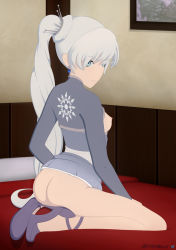 Rule 34 | 1girl, ass, breasts, long hair, looking at viewer, nipples, rwby, smile, weiss schnee