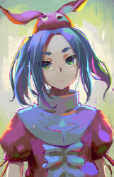 Rule 34 | 1girl, blue hair, center frills, closed mouth, dress, flipped hair, frills, googly eyes, green eyes, high collar, kakapyramid, light frown, looking at viewer, medium hair, monogatari (series), multicolored clothes, multicolored dress, ononoki yotsugi, orange dress, orange headwear, parted bangs, puffy short sleeves, puffy sleeves, short eyebrows, short sleeves, simple background, solo, thick eyebrows, twintails, upper body, white dress