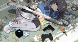 Rule 34 | 1girl, absurdres, bird, black gloves, black hair, blue archive, blue shirt, bolt action, closed mouth, full moon, gloves, gun, handgun, headband, highres, knee pads, leaf, long sleeves, looking at viewer, lying, miyu (blue archive), moon, mosin-nagant, on side, pantyhose, pink hair, playstation controller, rifle, school uniform, shirt, shoes, single knee pad, skirt, sneakers, solo, weapon, white footwear, white pantyhose, white skirt, wulala