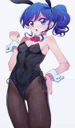 Rule 34 | 1girl, aikatsu!, aikatsu! (series), animal ears, black leotard, black pantyhose, blue eyes, blue hair, bow, bowtie, breasts, cowboy shot, detached collar, fake animal ears, highres, kiriya aoi, leotard, long hair, looking at viewer, open mouth, pantyhose, playboy bunny, rabbit ears, red bow, red bowtie, side ponytail, simple background, small breasts, solo, standing, strapless, strapless leotard, thigh gap, white background, wrist cuffs, yamamura saki