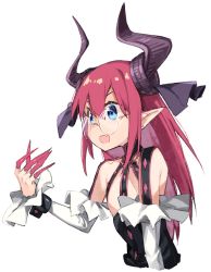 Rule 34 | 10s, 1girl, :d, bespectacled, blue eyes, claws, cropped torso, detached sleeves, elizabeth bathory (fate), elizabeth bathory (fate/extra ccc), elizabeth bathory (first ascension) (fate), fang, fate/extra, fate/extra ccc, fate (series), glasses, highres, horns, kei (soundcross), long hair, looking away, open mouth, pink hair, pointy ears, simple background, smile, solo, white background