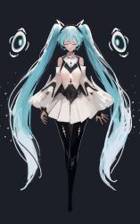 Rule 34 | 1girl, absurdres, arms at sides, black gloves, black pantyhose, blue hair, bridal gauntlets, closed mouth, commentary, detached sleeves, closed eyes, facing viewer, full body, gloves, grey background, hairband, hatsune miku, headphones, highres, horns, long hair, long sleeves, miniskirt, pantyhose, pleated skirt, rsef, skirt, solo, standing, twintails, very long hair, vest, vocaloid, white skirt, white vest