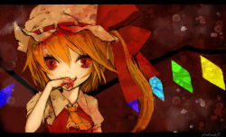 Rule 34 | 1girl, bad id, bad pixiv id, blonde hair, blood, female focus, flandre scarlet, hand on own face, hat, kunimura hakushi, letterboxed, mob cap, ribbon, short hair, side ponytail, signature, smile, solo, touhou, upper body, wings