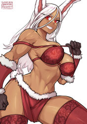 Rule 34 | 1girl, animal ears, bare shoulders, black gloves, boku no hero academia, bra, breasts, clothing cutout, dark-skinned female, dark skin, fur-trimmed skirt, fur-trimmed sleeves, fur trim, gloves, grin, hair between eyes, large breasts, long eyelashes, long hair, looking at viewer, mirko, navel, off shoulder, parted bangs, patreon username, rabbit ears, rabbit girl, rabbit tail, red bra, red eyes, red skirt, red sleeves, red thighhighs, redjet, skindentation, skirt, smile, solo, stomach, strap pull, tail, tail through clothes, thick thighs, thighhighs, thighs, toned, underwear, white background, white hair