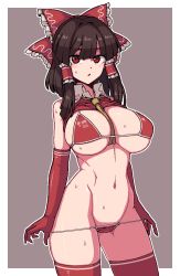 Rule 34 | 1girl, :o, ascot, bikini, bikini pull, bow, breasts, brown background, brown hair, cleavage, clothes lift, clothes pull, collared shirt, elbow gloves, formicid, frilled bow, frilled hair tubes, frills, gloves, hair bow, hair tubes, hakurei reimu, large breasts, long hair, navel, outside border, red bikini, red bow, red eyes, red gloves, red shirt, red thighhighs, shirt, shirt lift, sidelocks, sleeveless, sleeveless shirt, solo, swimsuit, thighhighs, toned, touhou, undressing, yellow ascot
