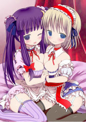 Rule 34 | 2girls, alice margatroid, alternate costume, alternate hairstyle, apron, black legwear, blonde hair, blue dress, blue eyes, blue ribbon, blush, breast press, breasts, crescent, crescent hair ornament, detached sleeves, dress, enmaided, female focus, garter straps, givuchoko, hair ornament, hairband, holding hands, highres, long hair, maid, maid apron, multiple girls, off shoulder, one eye closed, own hands together, patchouli knowledge, puffy short sleeves, puffy sleeves, purple dress, purple eyes, purple hair, purple legwear, red ribbon, ribbon, short dress, short hair, short sleeves, symmetrical docking, thighhighs, touhou, twintails, very long hair, wavy mouth