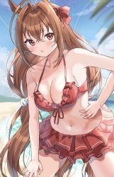 Rule 34 | 1girl, :o, absurdres, alternate hairstyle, animal ears, antenna hair, bad id, bad pixiv id, bare shoulders, beach, bikini, bikini skirt, blue sky, blush, bochibochi (gyuuniku 6000), bow, breasts, brown hair, cleavage, cloud, collarbone, commentary, daiwa scarlet (trifle vacation) (umamusume), daiwa scarlet (umamusume), day, hair bobbles, hair bow, hair intakes, hair ornament, hand on own hip, highres, horse ears, horse girl, horse tail, large breasts, long hair, looking at viewer, low twintails, ocean, official alternate costume, outdoors, palm tree, red bikini, red bow, red eyes, sky, solo, swimsuit, tail, tree, twintails, umamusume, very long hair