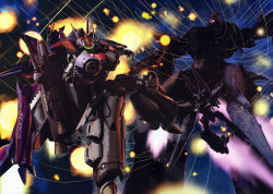 Rule 34 | 00s, absurdres, aiming, aiming at viewer, back-to-back, battle, battle frontier, explosion, gunpod, highres, macross, macross frontier, macross quarter, mecha, no humans, robot, scan, space, vf-25, vf-27