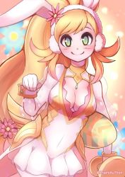 Rule 34 | 1girl, alternate costume, animal ears, blonde hair, breasts, closed mouth, easter, egg, fire emblem, fire emblem heroes, flower, green eyes, holding, medium breasts, nintendo, phiphi-au-thon, rabbit ears, sharena (fire emblem), simple background, smile, solo, upper body