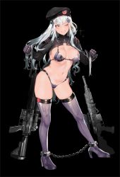 Rule 34 | 1girl, adapted costume, assault rifle, bad id, bad twitter id, battle rifle, beret, bikini, black background, blunt bangs, blush, boots, breasts, chain, character name, clothes writing, cuffs, facial mark, full body, girls&#039; frontline, gloves, gluteal fold, green eyes, grin, groin, gun, h&amp;k hk416, h&amp;k hk417, hair ornament, hat, heckler &amp; koch, high heel boots, high heels, highleg, highleg bikini, highres, hk416 (girls&#039; frontline), holding, holding hair, ihobus, jacket, large breasts, long hair, looking at viewer, navel, one eye closed, purple bikini, purple footwear, rifle, shackles, shrug (clothing), sidelocks, silver hair, skindentation, smile, solo, sparkle, standing, stomach, swimsuit, teardrop, thigh boots, thighhighs, very long hair, weapon