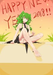 Rule 34 | 1girl, absurdres, alternate costume, bare shoulders, barefoot, black dress, breasts, choumi wuti (xueye fanmang zhong), collarbone, confetti, crossed legs, dress, feet, girls&#039; frontline, green hair, hair between eyes, halter dress, halterneck, hand up, happy new year, highres, long hair, looking at viewer, m950a (girls&#039; frontline), medium breasts, new year, open mouth, sidelocks, sitting, smile, soles, solo, thighs, toes, twintails, yellow eyes