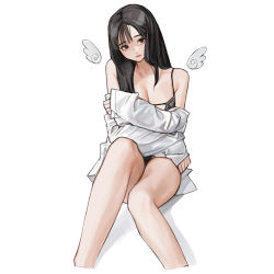 Rule 34 | 1girl, bare legs, black hair, breasts, cleavage, detached wings, feet out of frame, highres, long hair, long sleeves, looking at viewer, medium breasts, off-shoulder shirt, off shoulder, original, parted lips, rinotuna, shirt, simple background, solo, white background, white shirt, wings