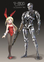 Rule 34 | 1girl, animal ears, black background, black pantyhose, blonde hair, blue eyes, bow, bowtie, breasts, character name, cleavage, commentary request, detached collar, fake animal ears, gradient background, grey background, gun, high heels, highres, humanoid robot, katahira masashi, leotard, long hair, medium breasts, original, pantyhose, playboy bunny, rabbit ears, rabbit tail, red footwear, red leotard, red neckwear, robot, shotgun, smile, standing, strapless, strapless leotard, t-800, tail, terminator (series), the terminator, thigh gap, weapon, winchester model 1887, wrist cuffs
