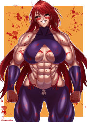 Rule 34 | 1girl, abs, absurdres, artist name, biceps, blood, blood on clothes, blood on hands, blood splatter, breasts, cleavage, detached sleeves, eyelashes, fuuma kotarou (tenkaichi), grin, halterneck, highres, large breasts, long hair, moussaka, muscular, muscular female, red eyes, red hair, revealing clothes, smile, teeth, tenkaichi nihon saikyou bugeisha ketteisen, thick thighs, thighs, white background, wristband, yellow background