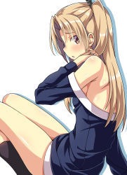 Rule 34 | 1girl, absurdres, alternate costume, azur lane, bare shoulders, black socks, blonde hair, blush, breasts, cleveland (azur lane), commentary request, from side, hair intakes, highres, kneehighs, long hair, long sleeves, looking at viewer, looking to the side, macaroni hourensou, medium breasts, off-shoulder shirt, off shoulder, one side up, red eyes, shirt, sideboob, simple background, sitting, socks, solo, white background