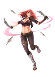 Rule 34 | 1girl, absurdres, armor, armored boots, belt, black pants, boots, breasts, cleavage, collarbone, cropped jacket, dual wielding, full body, green eyes, groin, highres, holding, holding weapon, holster, jacket, katarina (league of legends), large breasts, league of legends, long hair, looking at viewer, machete, navel, open clothes, open jacket, pants, parted lips, pauldrons, red hair, scar, scar across eye, scar on face, single pauldron, smile, solo, stomach, tattoo, thigh holster, weapon, yashichii