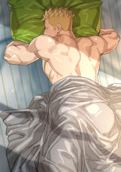Rule 34 | 1boy, abs, back, bara, bed, bed sheet, blonde hair, completely nude, ero condo, closed eyes, facial hair, highres, kienbiu, lying, male focus, muscular, muscular male, naked sheet, nipples, nude, official art, on bed, on stomach, pillow, punt (kienbiu), short hair, sleeping, solo, spiked hair, under covers