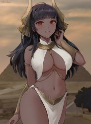 Rule 34 | 1girl, ahoge, black hair, breasts, chowbie, cleavage, commentary, dark-skinned female, dark skin, desert, egyptian clothes, hair ornament, highres, jewelry, large breasts, long hair, looking at viewer, navel, original, pelvic curtain, pyramid (structure), red eyes, solo, thighs
