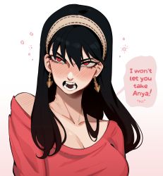Rule 34 | 1girl, absurdres, angry, black hair, blush, breasts, cleavage, collarbone, constricted pupils, drunk, earrings, english text, hairband, hiccup, highres, jewelry, large breasts, off shoulder, porqueloin, red eyes, shoulder blush, simple background, solo, spy x family, squeans, teeth, white background, yor briar