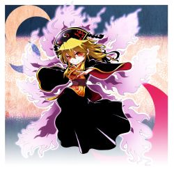 Rule 34 | 1girl, blonde hair, chinese clothes, clothes writing, commentary, crescent, dress, energy, evil smile, full body, grin, hat, headdress, highres, junko (touhou), kikoka (mizuumi), long hair, long sleeves, looking at viewer, moon, multiple tails, red eyes, slit pupils, smile, solo, tabard, tail, touhou, wide sleeves