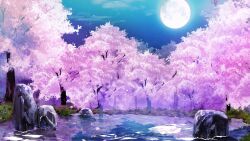 Rule 34 | cherry blossoms, cloud, dairoku ryouhei, falling petals, flower, foliage, forest, full moon, highres, lake, moon, moon reflection, nature, night, no humans, outdoors, petals, pink flower, reflection, reflective water, rock, scenery, tree, tsukasa (ilqmplim), water