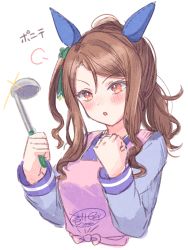 Rule 34 | 1girl, :o, animal ears, apron, blue shirt, blush, bow, breasts, brown hair, cropped torso, glint, green bow, hair bow, hands up, holding, horse ears, ittokyu, king halo (umamusume), ladle, long hair, long sleeves, one side up, parted lips, pink apron, red eyes, school uniform, shirt, signature, simple background, small breasts, solo, swept bangs, tracen school uniform, translation request, umamusume, upper body, v-shaped eyebrows, white background