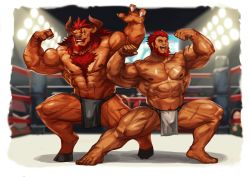 Rule 34 | 2boys, ;d, abs, absurdres, animal ears, bara, beard, biceps, brown fur, bulge, chest hair, claw pose, commission, cow ears, cow horns, dark-skinned male, dark skin, double biceps pose, facial hair, fate/grand order, fate (series), flexing, full body, furry, furry male, grey male underwear, highres, horns, iskandar (fate), large pectorals, loincloth, male focus, male underwear, mature male, minotaur, multiple boys, muscular, muscular male, navel, navel hair, nipples, one eye closed, open mouth, original, pectorals, pelvic curtain, red eyes, red hair, scar, scar on arm, scar on leg, short hair, smile, stomach, thick thighs, thighs, traver009, underwear, underwear only, white male underwear, wrestling ring