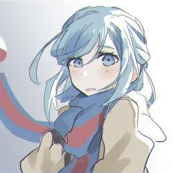 Rule 34 | 1boy, absurdres, blue eyes, blue gloves, blue hair, blue scarf, blush, brown sweater, chromatic aberration, creatures (company), game freak, gloves, gradient background, grey background, grusha (pokemon), hand up, highres, long hair, long sleeves, looking at viewer, male focus, mame (pixiv 57985908), matching hair/eyes, mittens, nintendo, open mouth, pokemon, pokemon sv, scarf, sidelocks, simple background, sketch, solo, sweater, swept bangs, trap, two-tone scarf, upper body