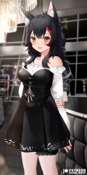 Rule 34 | 1girl, animal ear fluff, animal ears, arm behind back, black dress, blush, breasts, collarbone, dress, frills, hair between eyes, hair ornament, hairpin, holding own arm, hololive, indoors, knees up, long hair, looking at viewer, medium breasts, mujinbensin, multicolored hair, off-shoulder dress, off shoulder, ookami mio, open mouth, short dress, solo, streaked hair, thigh strap, thighs, virtual youtuber, white sleeves, wolf ears, wolf girl, yellow eyes
