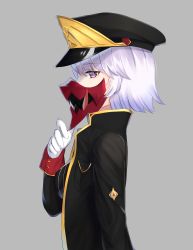 Rule 34 | 1girl, absurdres, black coat, black hat, coat, commentary, english commentary, from side, gloves, grey background, hat, highres, looking at viewer, looking to the side, lordol, medium hair, original, peaked cap, profile, purple eyes, purple hair, sideways glance, simple background, solo, white gloves