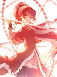 Rule 34 | 1girl, black thighhighs, buttons, cowboy shot, dress, highres, holding, holding polearm, holding weapon, long hair, looking at viewer, mahou shoujo madoka magica, mahou shoujo madoka magica (anime), noria hpna, open mouth, polearm, ponytail, red dress, red eyes, red hair, red theme, sakura kyoko, skirt, sleeveless, sleeveless dress, solo, standing, thighhighs, weapon, white background