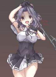 Rule 34 | 1girl, black background, cowboy shot, dated, false smile, glaive (polearm), halo, highres, holding, holding weapon, kantai collection, looking at viewer, mechanical halo, neck ribbon, polearm, purple eyes, purple hair, ribbon, sa-ya2, school uniform, short hair, simple background, smile, solo, tatsuta (kancolle), tatsuta kai ni (kancolle), twitter username, weapon