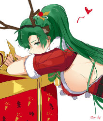 Rule 34 | 1girl, absurdres, antlers, backless dress, backless outfit, bell, bent over, black hairband, blush, box, breasts, christmas, dress, earrings, fake antlers, fire emblem, fire emblem heroes, from side, fur-trimmed sleeves, fur trim, gift, gift box, green eyes, green hair, hairband, hanging breasts, heart, highres, holding, horns, jewelry, large breasts, long hair, looking at viewer, looking to the side, lyn (fire emblem), nintendo, ormille, ponytail, profile, red dress, reindeer antlers, santa costume, short sleeves, sideboob, simple background, sketch, solo, twitter username, upper body, wings